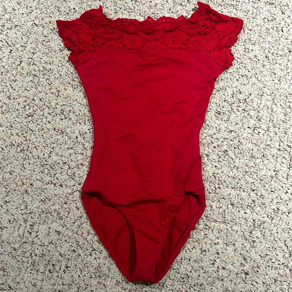 Beautiful red SO Danca leotard with lace neckline